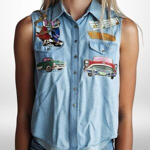 Vintage 90s Rockabilly Denim Vest Sleeveless Button Down L